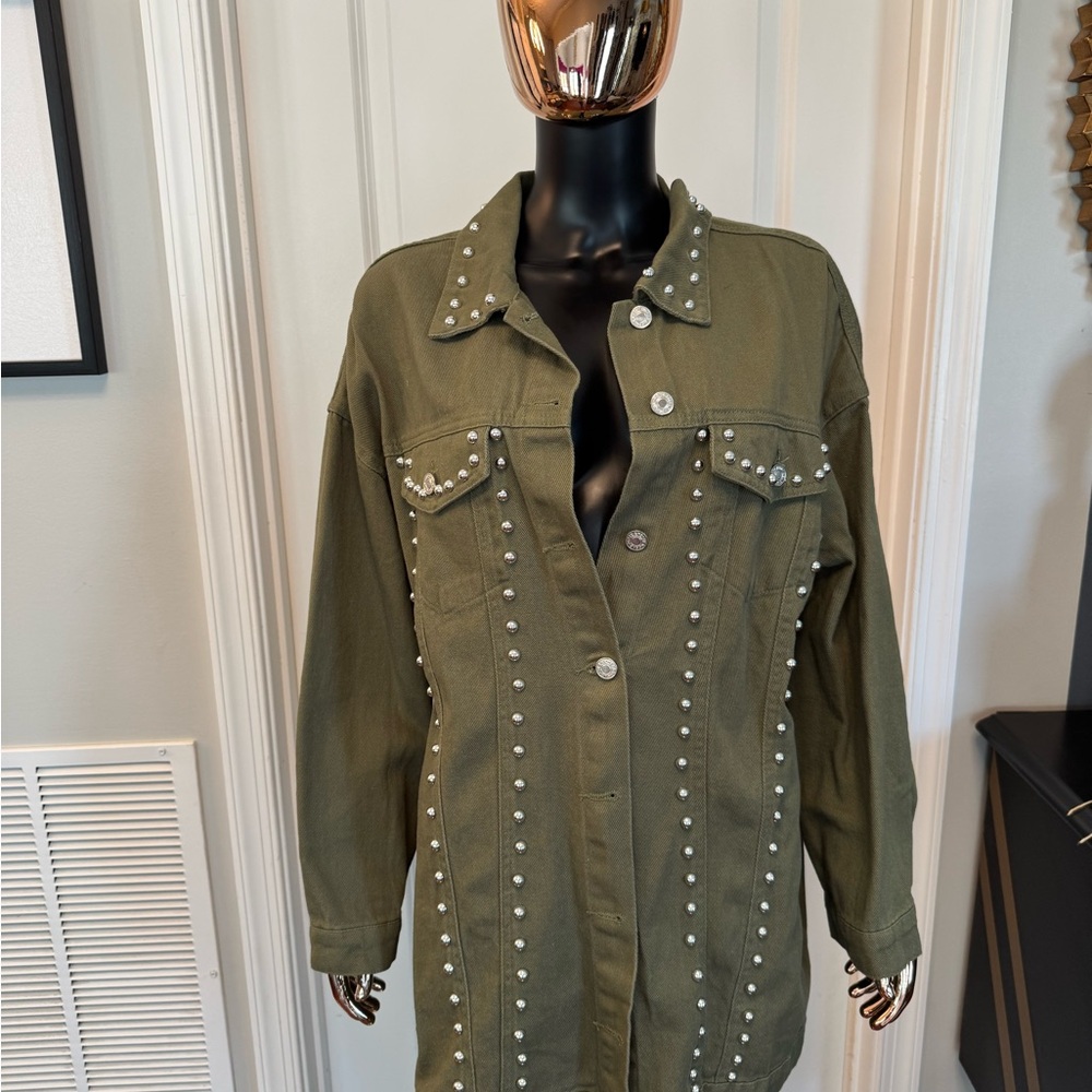 Olive Green Studded Oversized Utility Jacket
